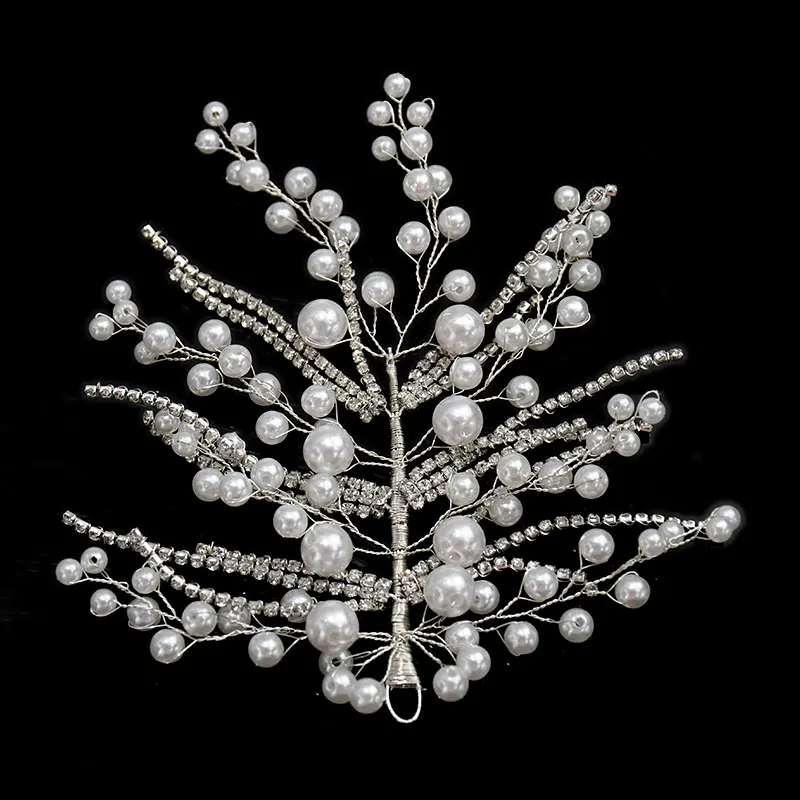 WHD-174  Keering Unique White Pearls Design 3D Wire Handmade Crystal Dress Patch Rhinestone Wire Leaf 3D Applique for Prom