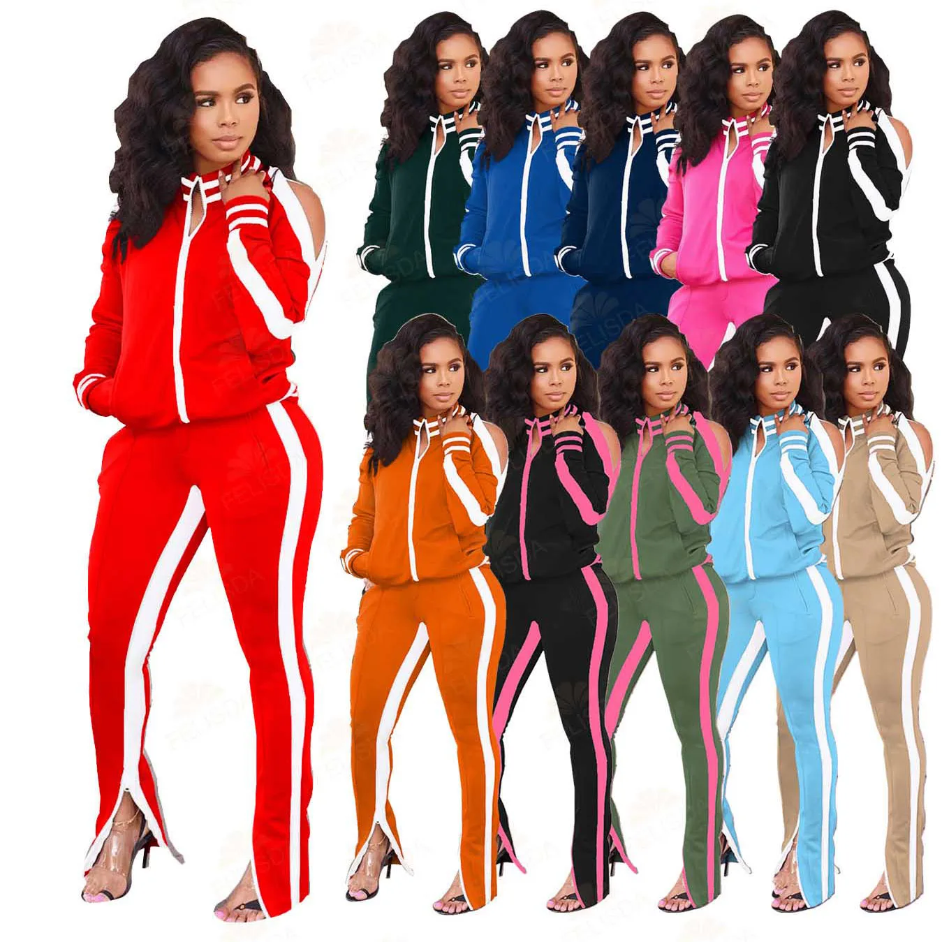 

Fall 2021 Women Clothes 11 Colors Sports Sweatsuit Jogging Open Shoulder Cardigan Trousers Two Piece Set, Pictures showed