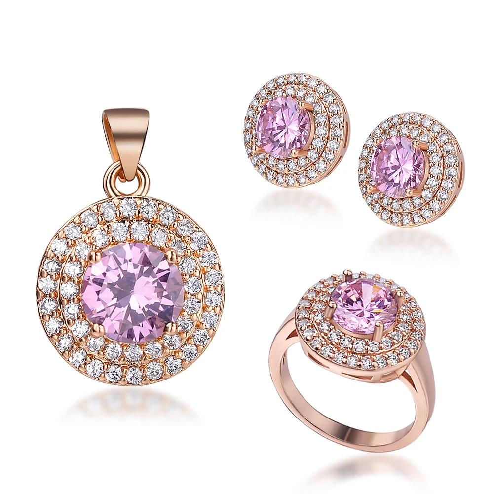 

50% Discount Fashion Jewelry Brass Wedding Round Shape AAA Pink Zircon Rose Gold Women Jewelry Set