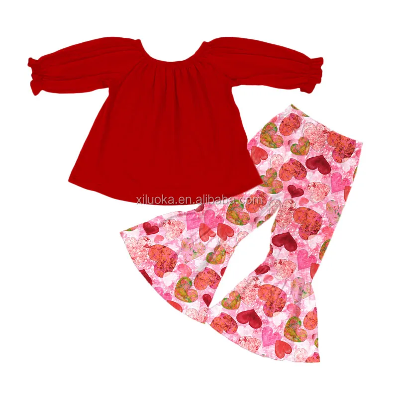 

2020 3/4 Lantern Sleeve Shirt Two Pieces Set Flare Pants Custom Winter Baby Girls Outfits, Picture