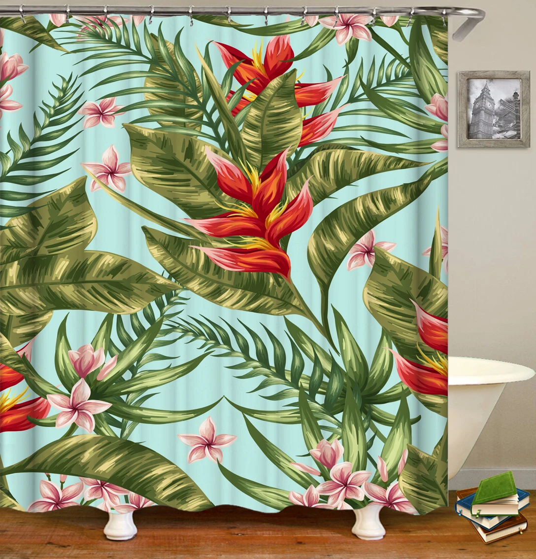 

Drop shipping, simple printing shower curtain set, factory direct selling tropical leaf bathroom polyester shower curtain/, Customized color