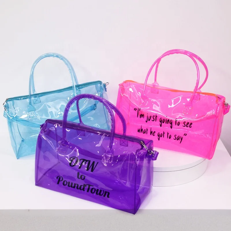 

Sports Large Tote Bags Women Ladies Spend A Night Duffel Bag Waterproof Clear Transparent Plastic Spend The Night Duffle Bag, Purple, blue, red, pink