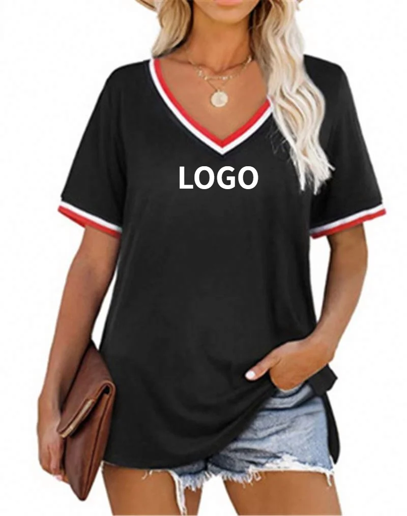 

new striped stitching color matching short-sleeved V-neck T-shirt women, Red