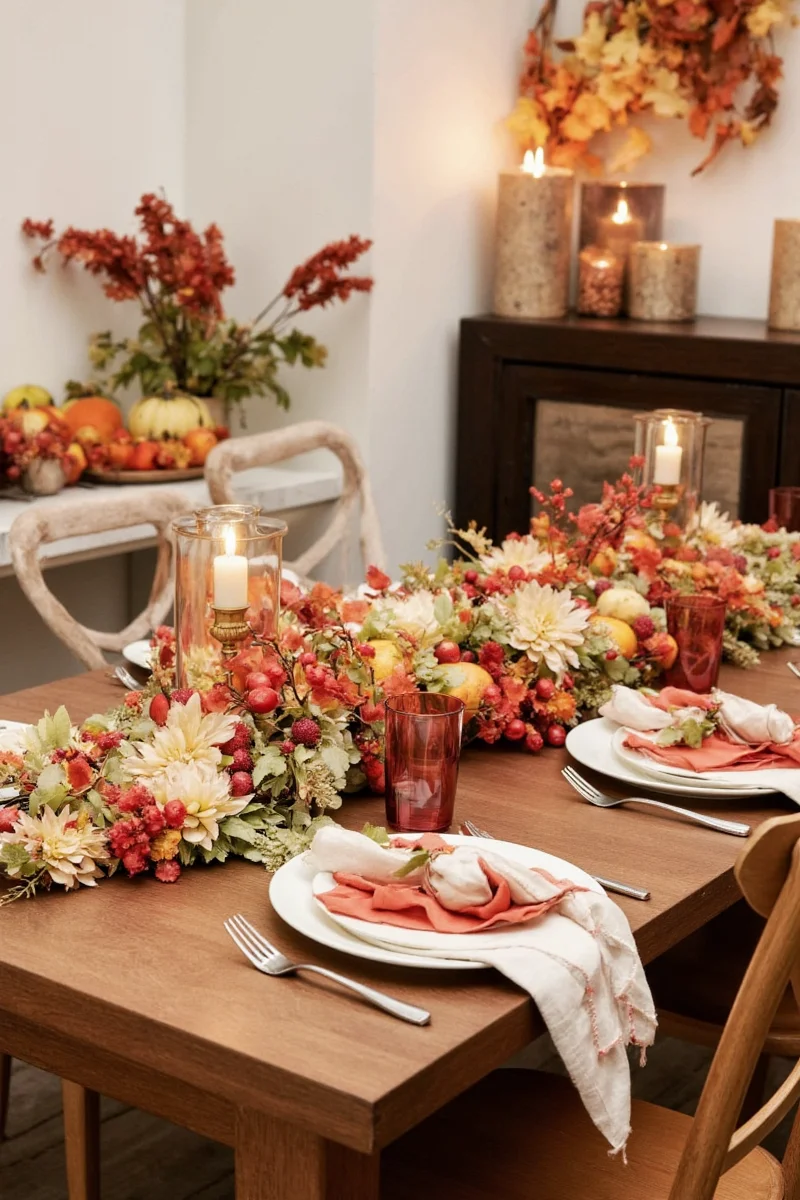 Farmhouse Thanksgiving table with burlap, candles, and greenery