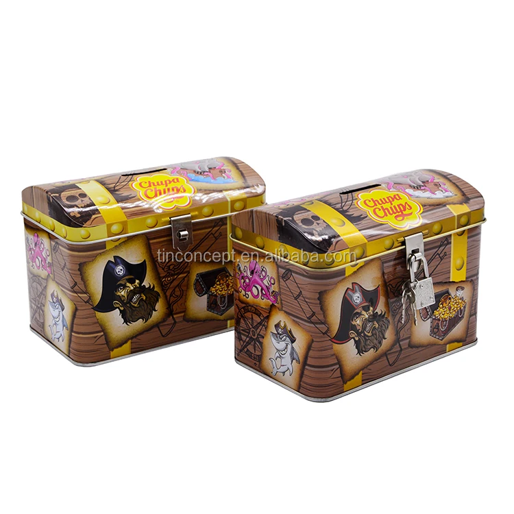 Exquisite Hinged Lid Coin Bank Tin Can For Children