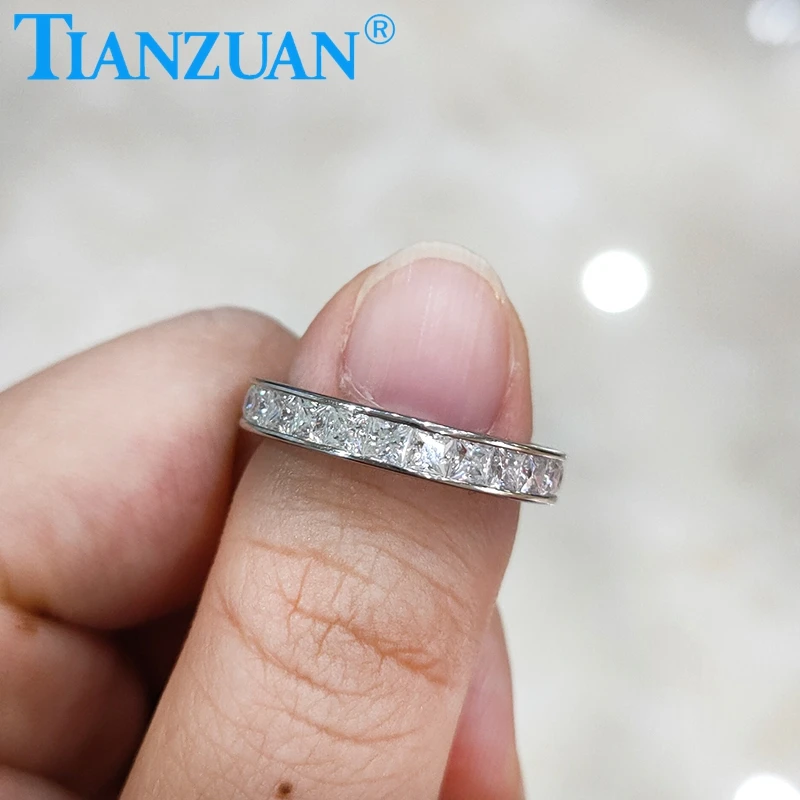 

white moissanite 925 Sterling Silver Ring with 2.5mm square shape Tension setting Eternity Bands Jewelry Rings Engagement, Df color