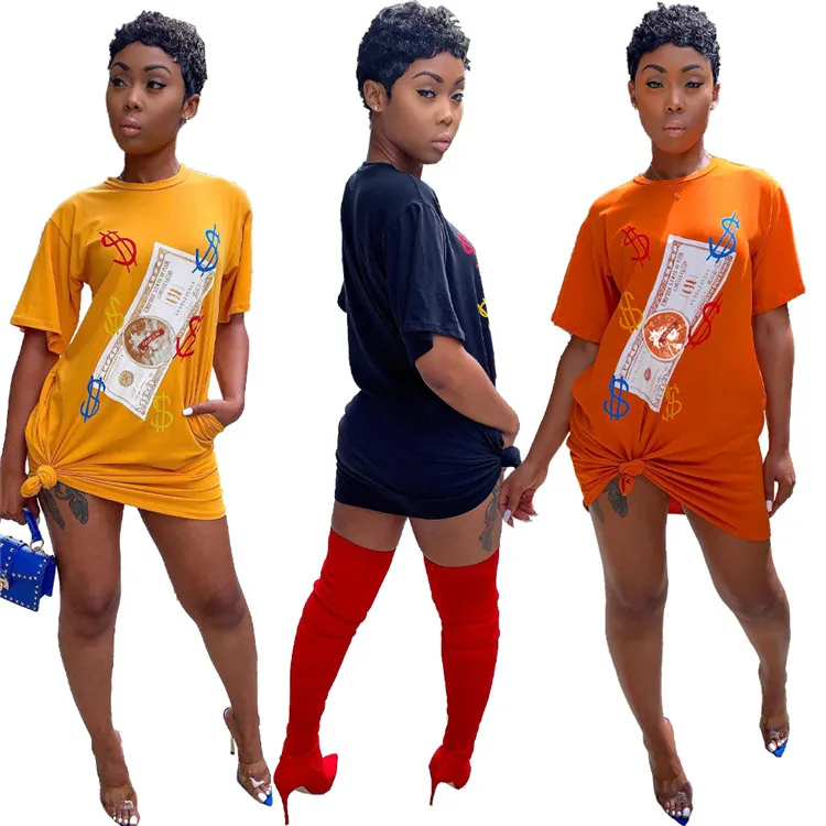 

New Style Ladies Dress Fashion Casual Candy Color Dollar Print Round Neck Women Clothing Loose Custom T Shirt Women Dresses, Shown