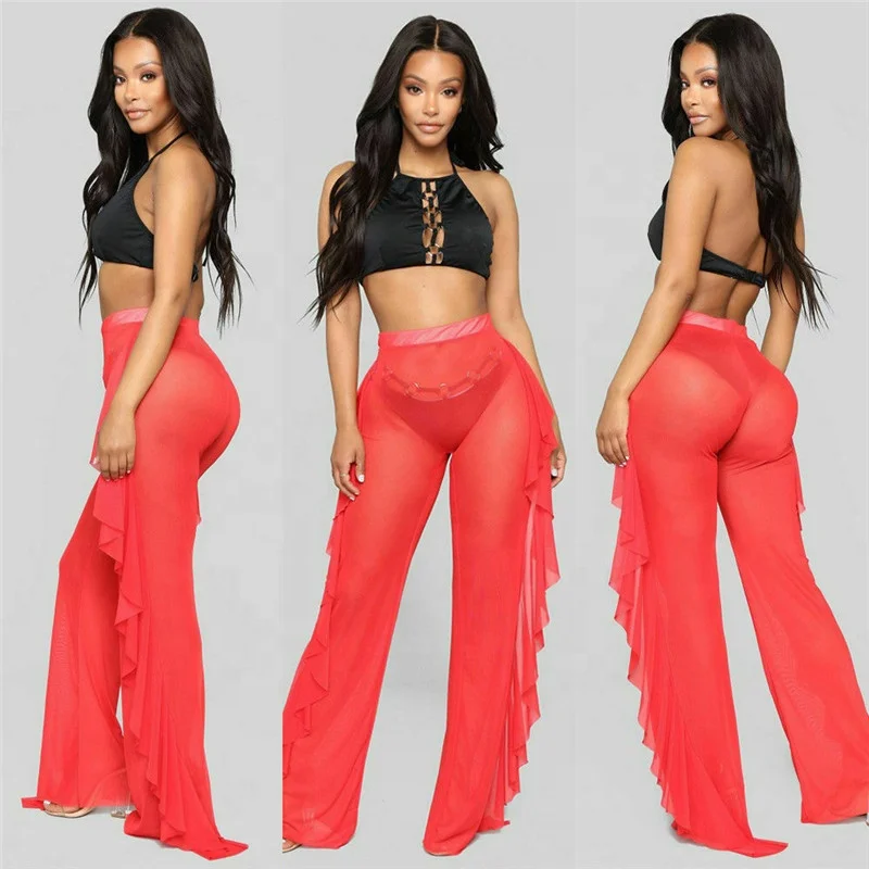 

2021 women's Beach mesh pants transparent Bikini Swimsuit Ruffle Pants swimsuit sexy cover pants