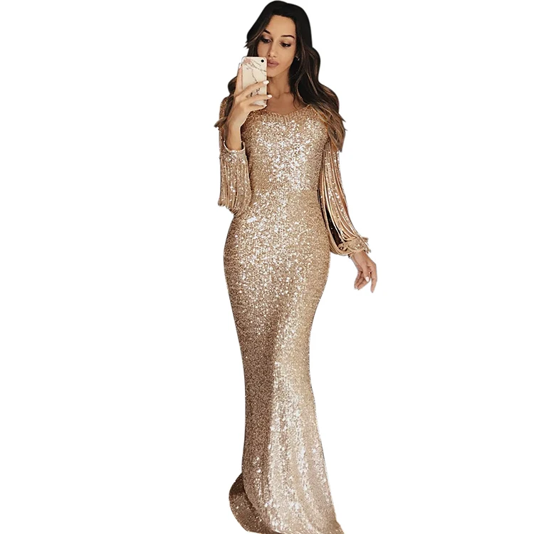 Apricot Sequin Fringe Sleeve Party Maxi Evening Dress