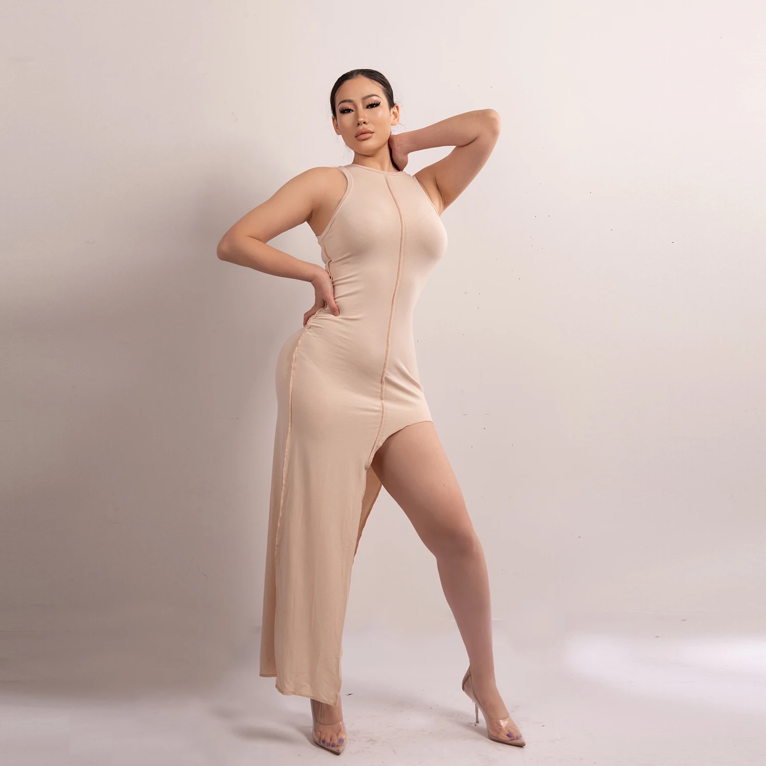 

Plus size women stylish sexy dress Brown Tux Detail Belted Wrap Bodycon Dress With Spaghetti Strap