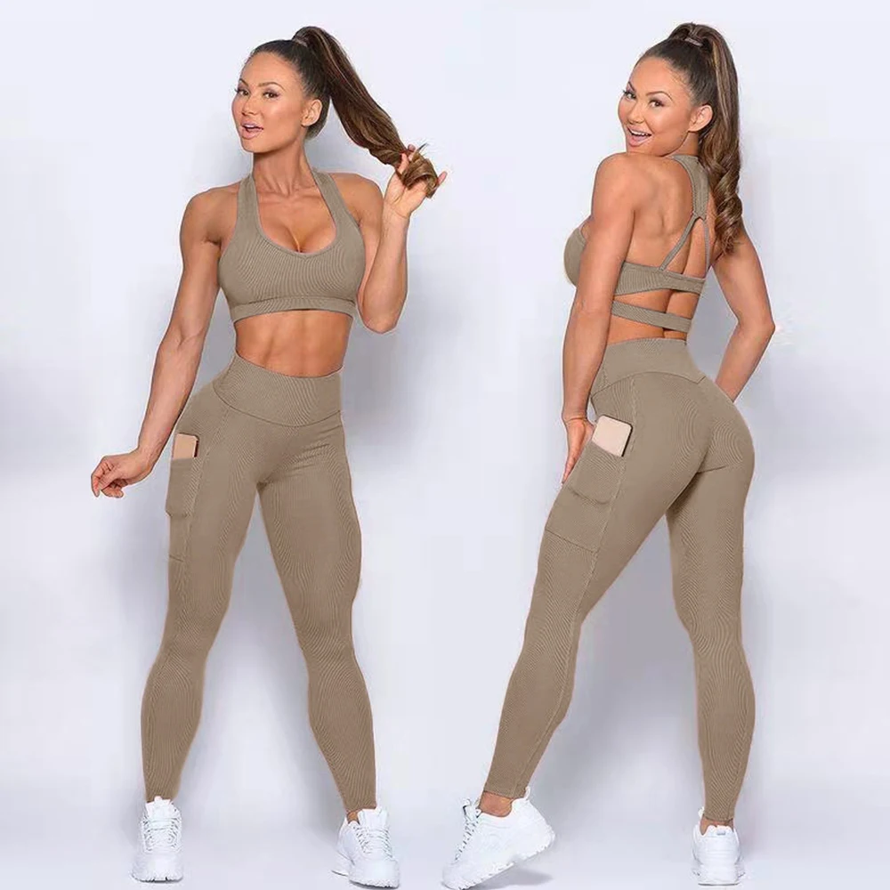 

TZ4519 ribbed yoga set for women strappy sports bra and v shape legging workout 2pcs, 5 colors