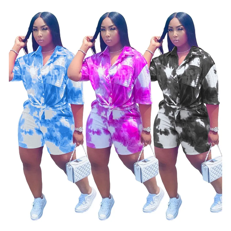 

Foma Q77209 women clothing fashion tie dye two 2 piece short set shirt blouse with pocket botton and shorts pants, 3 colors