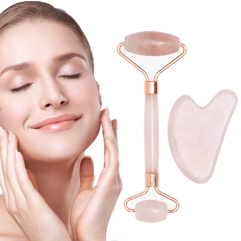 

Home New 3 in 1 Natural Stone Rose Quartz Gua sha Tools Beauty Anti Aging Facial Massage pink Jade Roller For Body Gua Sha Set