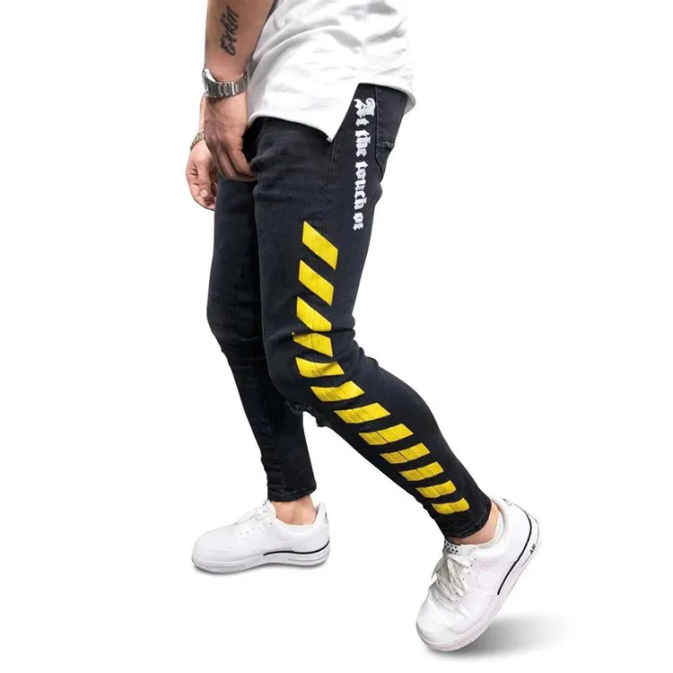 Biker Jeans Men Skinny Yellow Stripes Black Jeans Slim Streetwear Hip Hop Jeans