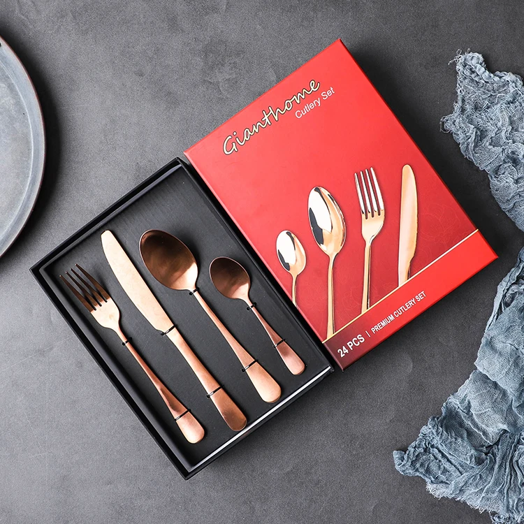 

Modern design industrial style custom logo cutlery set retro PVD copper color matte vintage 16pcs flatware