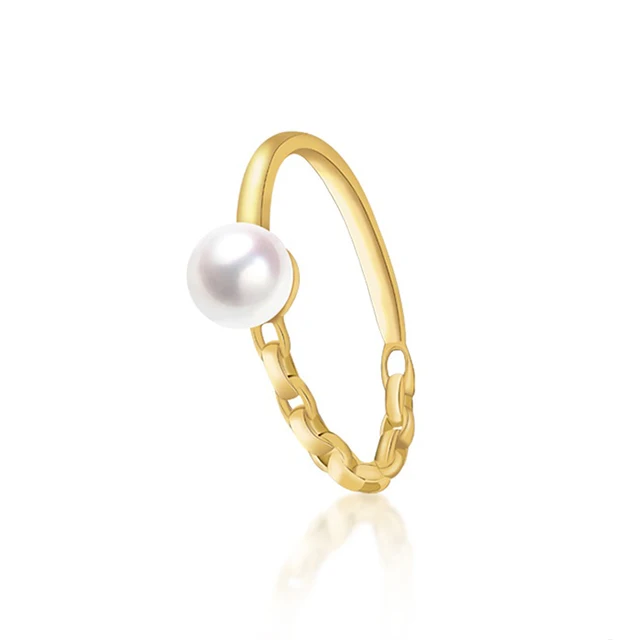 

Women's 18K Yellow Gold Half Interlocking Chain Engagement Ring with 5-5mm Akoya Cultured Pearl Free Shipping