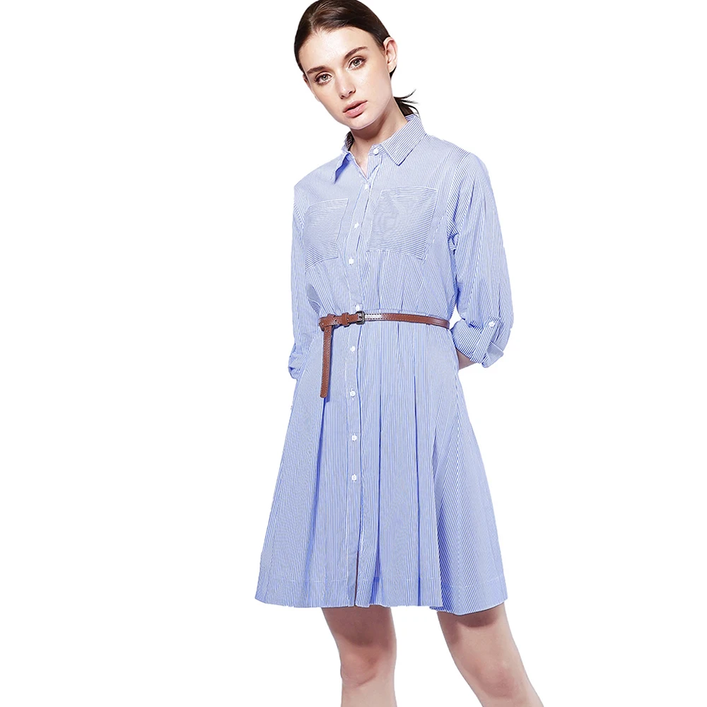 

2021 summer 100% cotton blue striped women blouse shirt dress long sleeve korea girls casual pleated midi dress for office lady