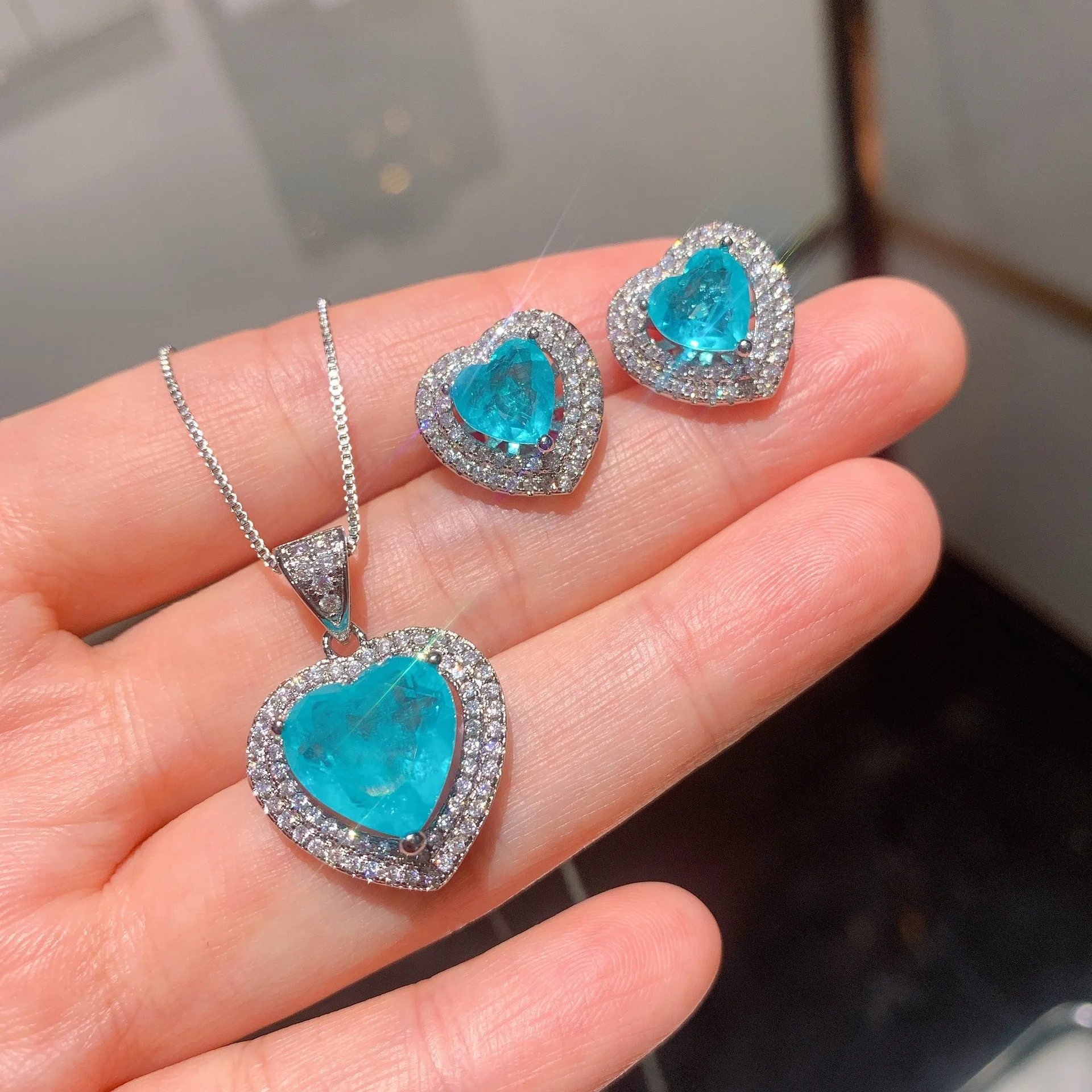 

Fashion classic jewelry set cubic zircon heart shape vintage necklace earring ring set women's luxury jewelry sets, Customized color