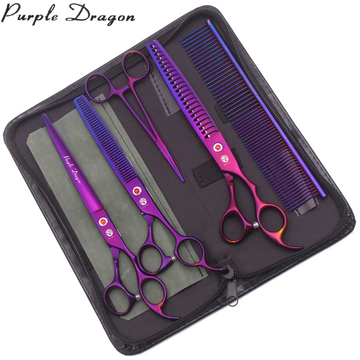 

Dog Grooming Scissors 8" Purple Dragon Japan Stainless Chunker Scissors Pet Grooming Cat Thinning Shears Set with Bag Comb Z3005, Violet