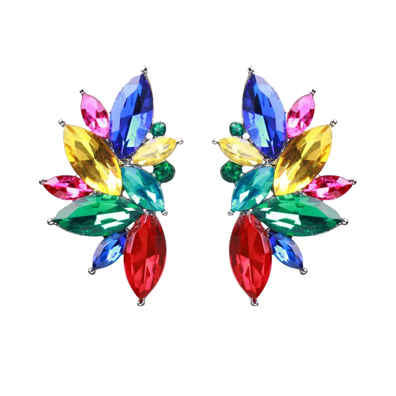Husuru Oval Leaf Shape Pineapple Teardrop Cluster Crystal Flower Design Stud Earrings For Women Girls Wedding Banquet Dailywear