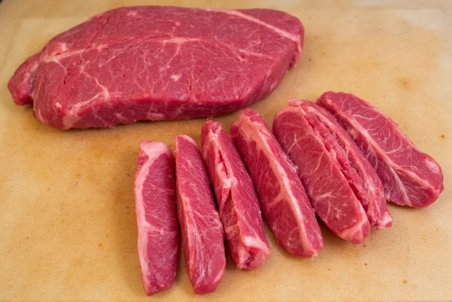 Properly sliced flank steak for pepper steak showing diagonal cuts against the grain on cutting board