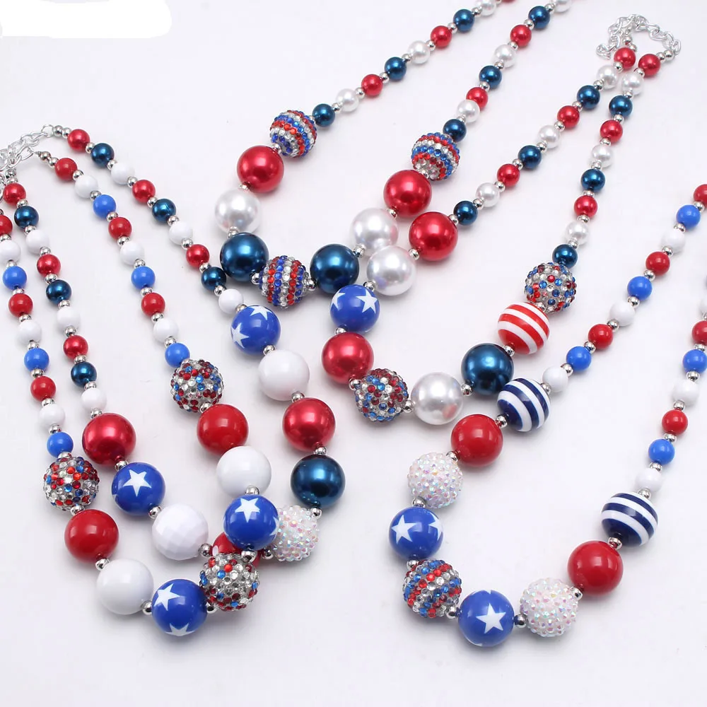 

Chunky Bubblegum Red Blue and White Children's Necklace American national Day Children's Beaded Necklace For Baby Girl