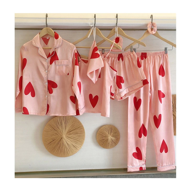 

Latest printing korean design women sleepwear loungewear 7 piece satin pajamas set wholesale woman pyjama night wear for women, 10colors