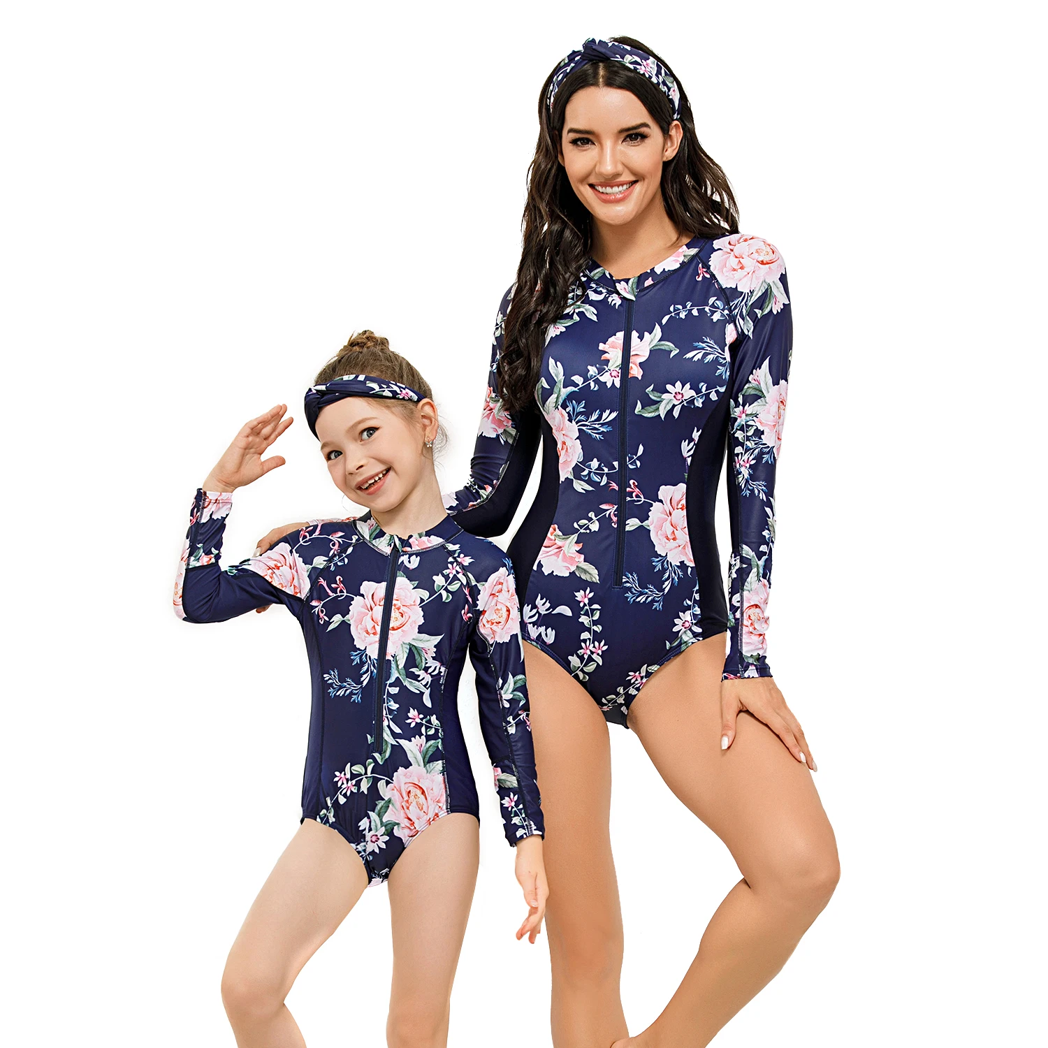 

Hot Selling Zipper Headband Long Sleeve Bathing Suits Four Pieces Floral Swimming Costume Mummy and Me Rash Guard Swimwear