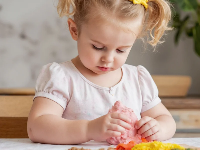 Toddler exploring texture with safe diy playdough during educational play