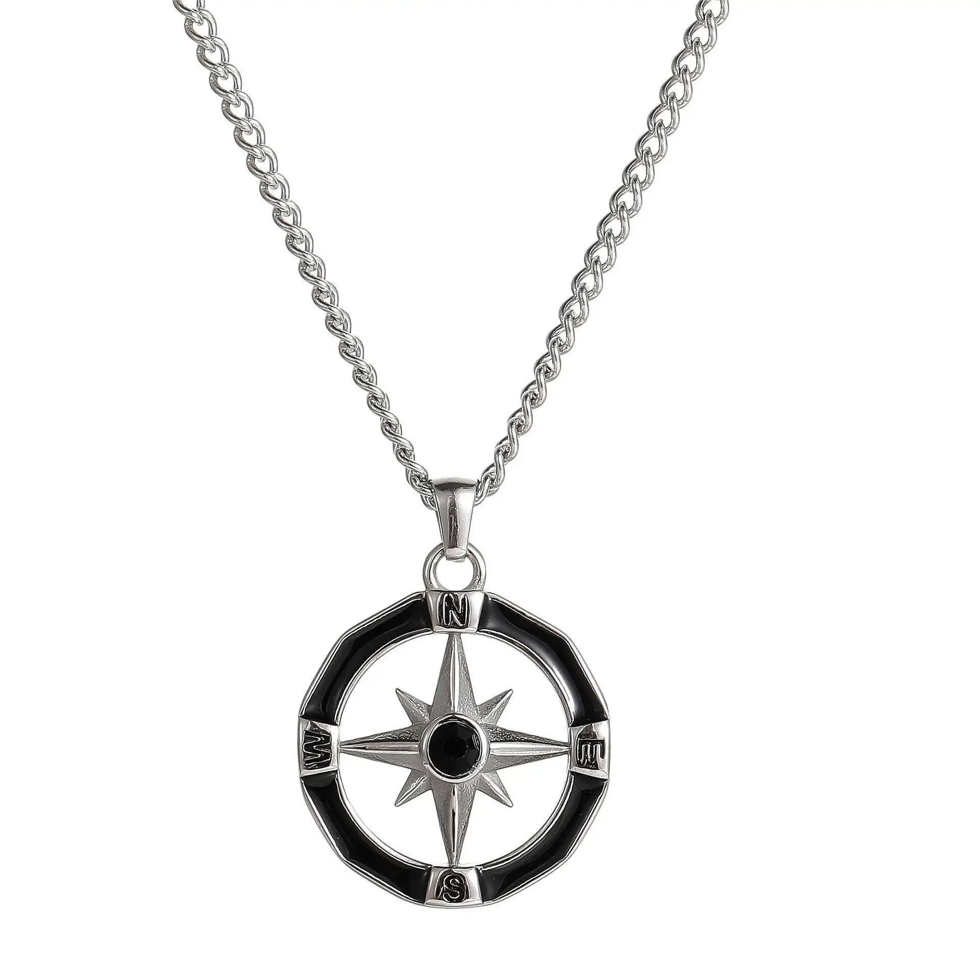 

MECYLIFE Black Stone Compass Necklace Stainless Steel Hiphop Necklace for Men