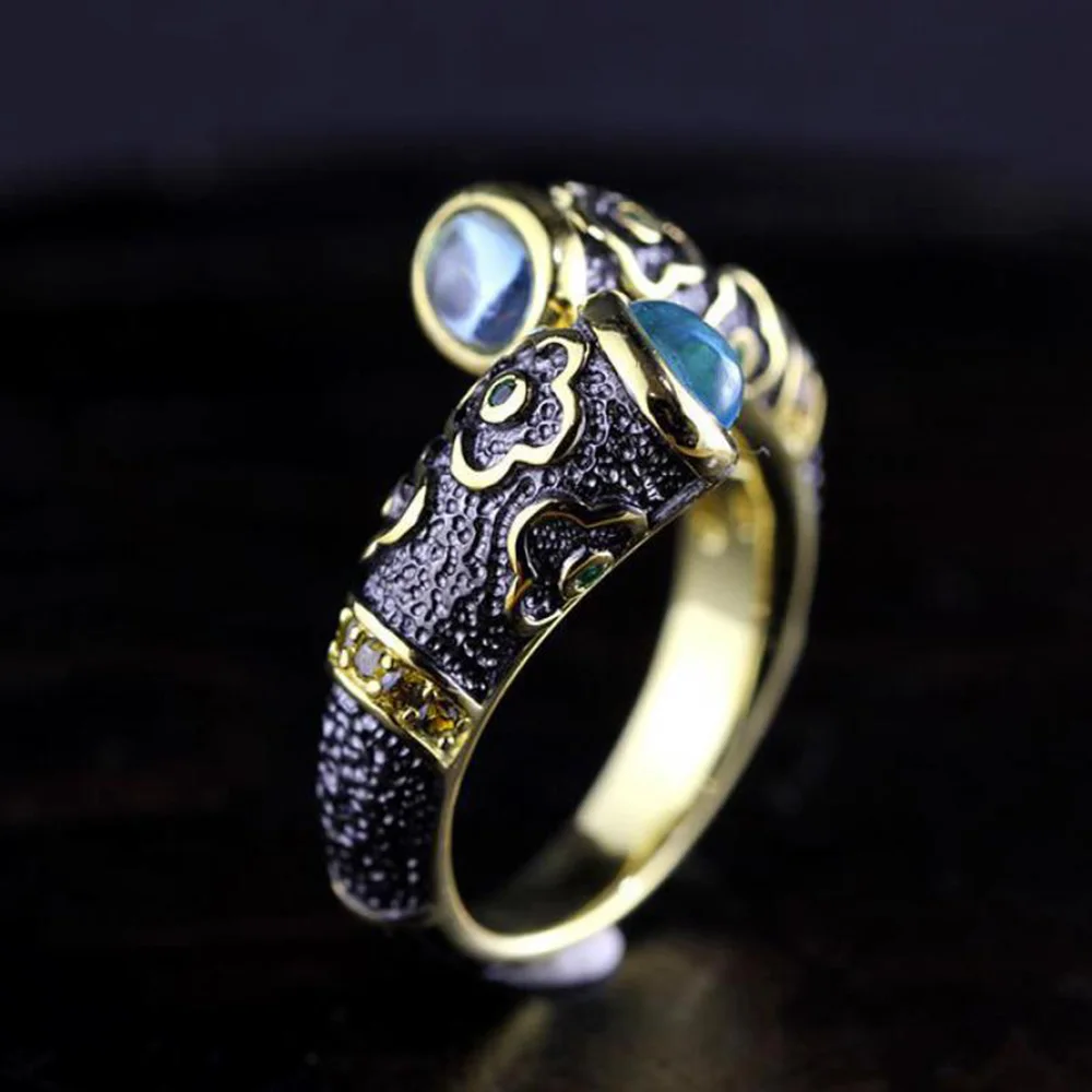 

925 Sterling Silver Ring Inlaid Natural Blue Topaz Vintage Enamel Rings For Men And Women Lovers Opening 18k Gold Plated