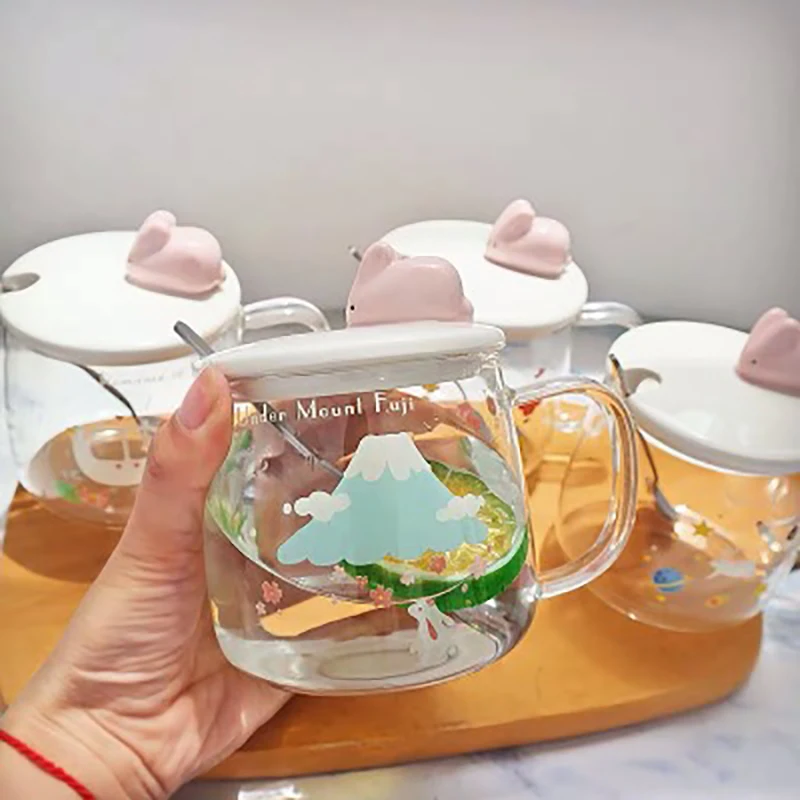 

Zogift Lovely Cartoon Kid Children Glass Cups Clear Glass Milk Cups and Lids Glass Water Bottle Beer Coffee Mugs, As per picture
