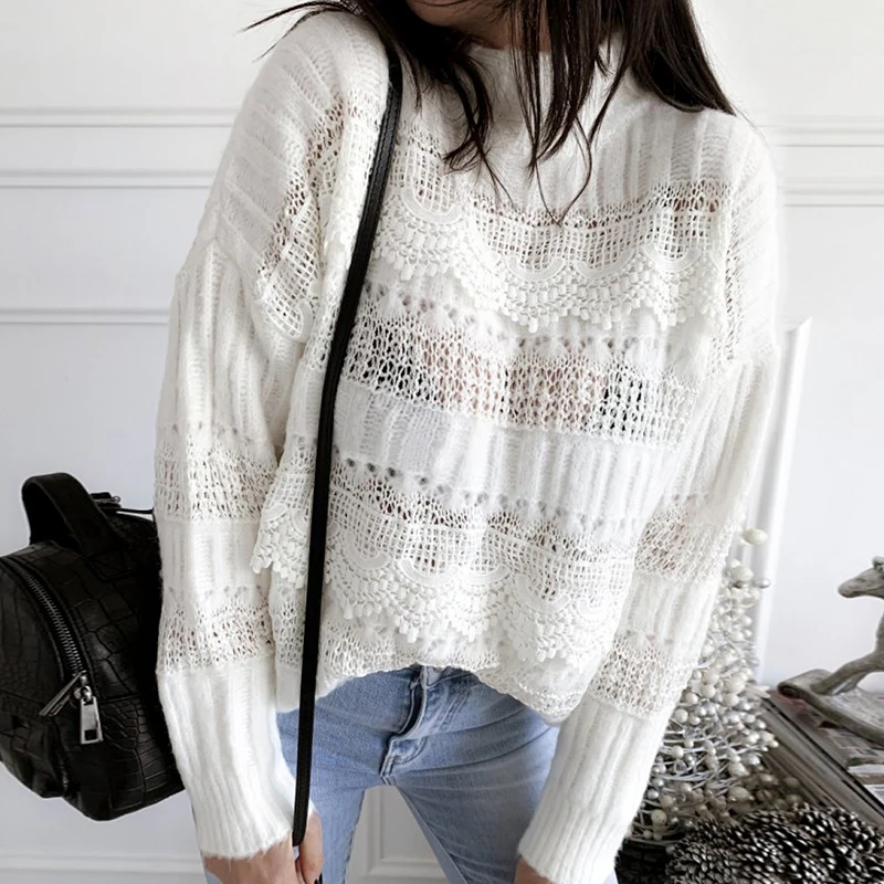 

B53534A New product women sweet lace up fashion hollow out knitting sweater