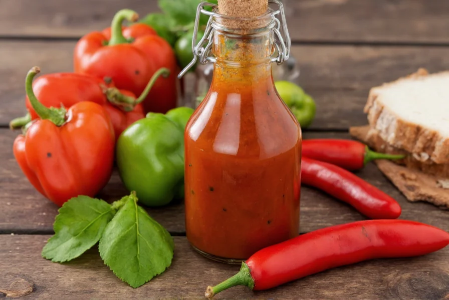 Sauce piquante maison à base de piments et vinaigre dans bouteille en verre