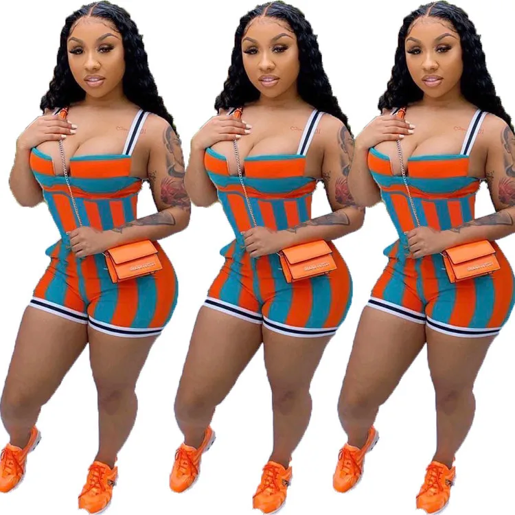 

2020 New Clothing Vendor Women Summer Suspenders Printed Striped Jumpsuit, 2 colors