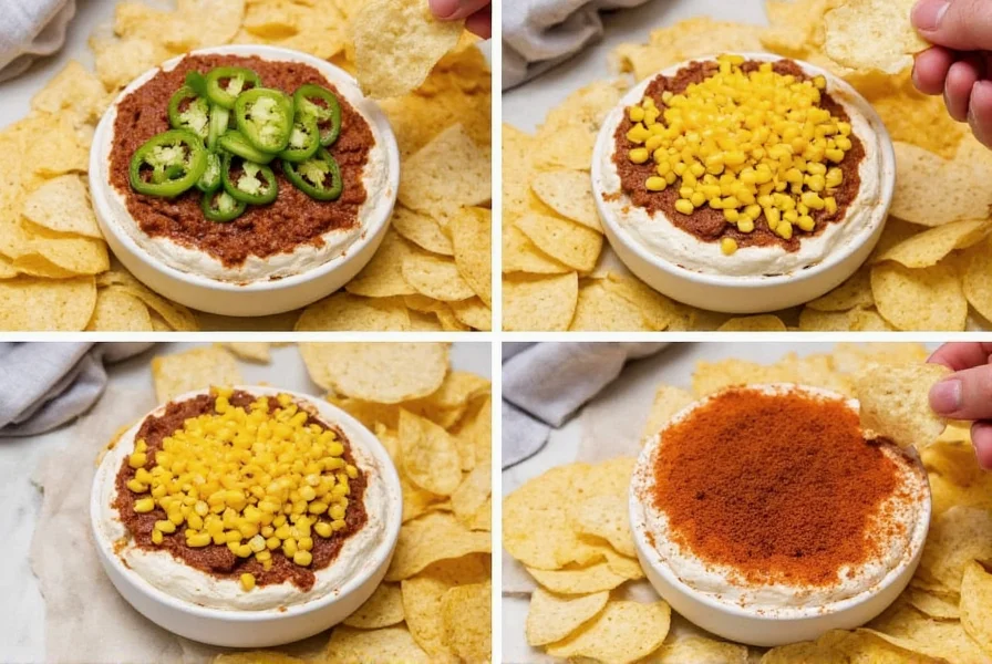 Variations of chili dip with cream cheese showing different toppings including jalapeños, corn, and smoked paprika