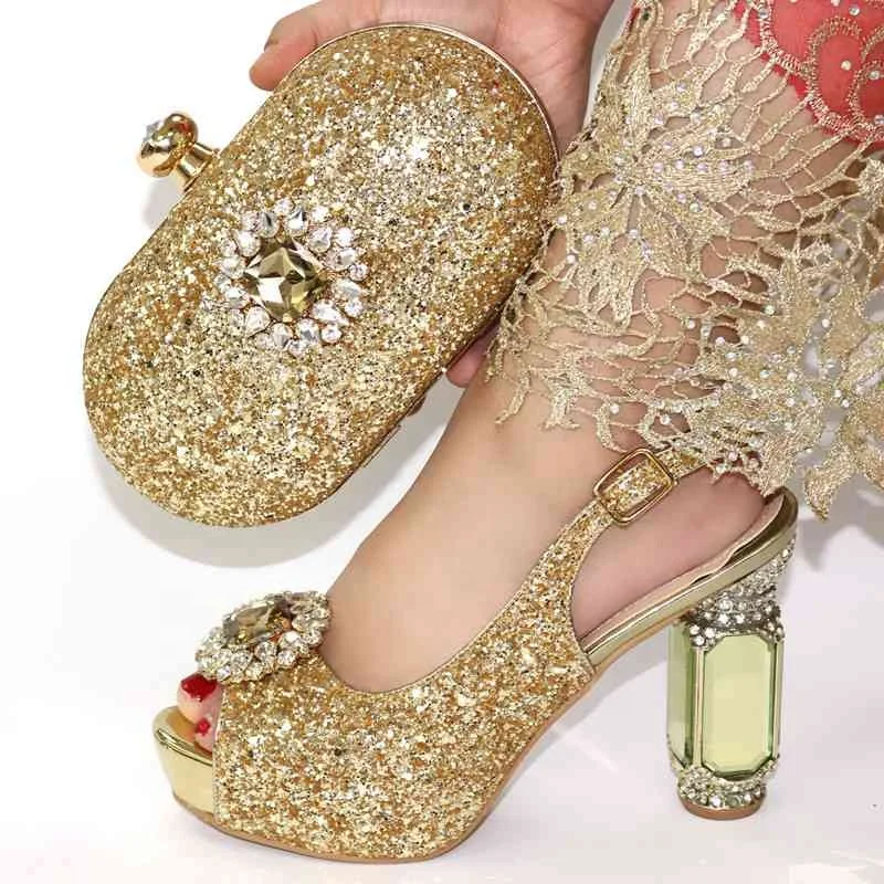 

AB7838 New arrival gold african sandals shoes matching bag set 2019 Lady's 11.5CM high heels shoes with crystal
