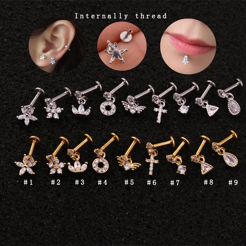 

New Gold 16g Stainless Steel Flat Back CZ Flower Labret Lip Piercing Jewelry Daith Earring Ear Piercing