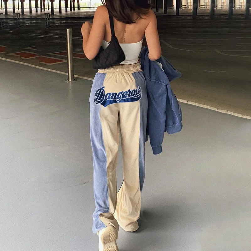 

2022 Female Clothing Print Patchwork Blue Jog Pants Sweatpants High Waist Wide Leg Pants Women'S Trousers Winter Autumn