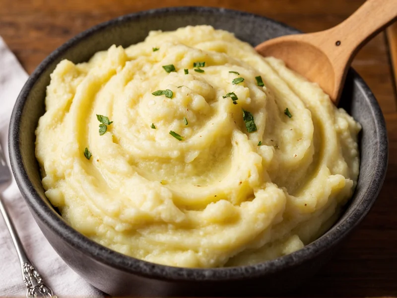Creamy mashed potatoes in rustic bowl with wooden spoon