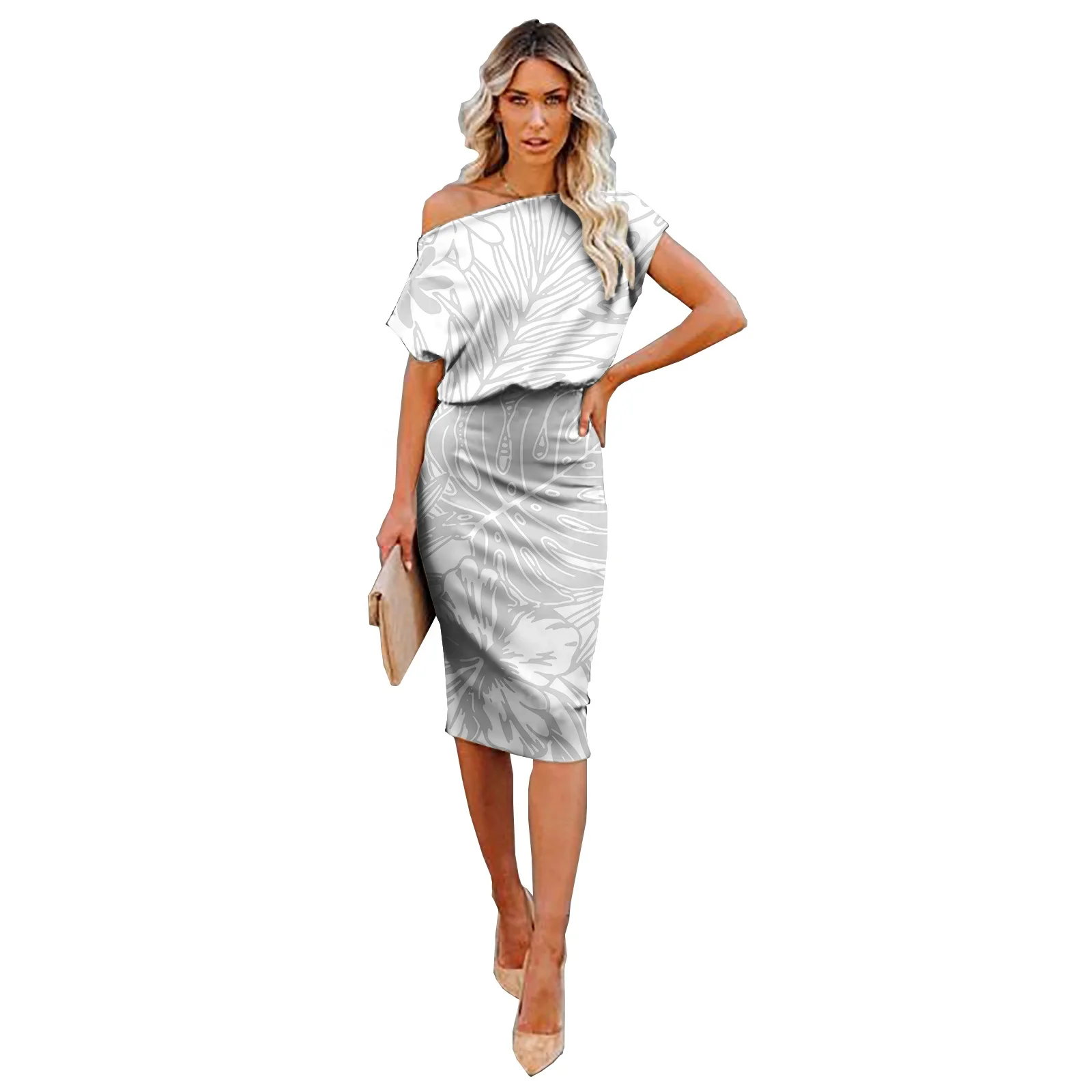 Print On Demand Luxury Mid-length Off Shoulder Ladies Dress Monstera Leaf Hawaii Stylish Fall New Samoan Puletasi Bodycon Dress