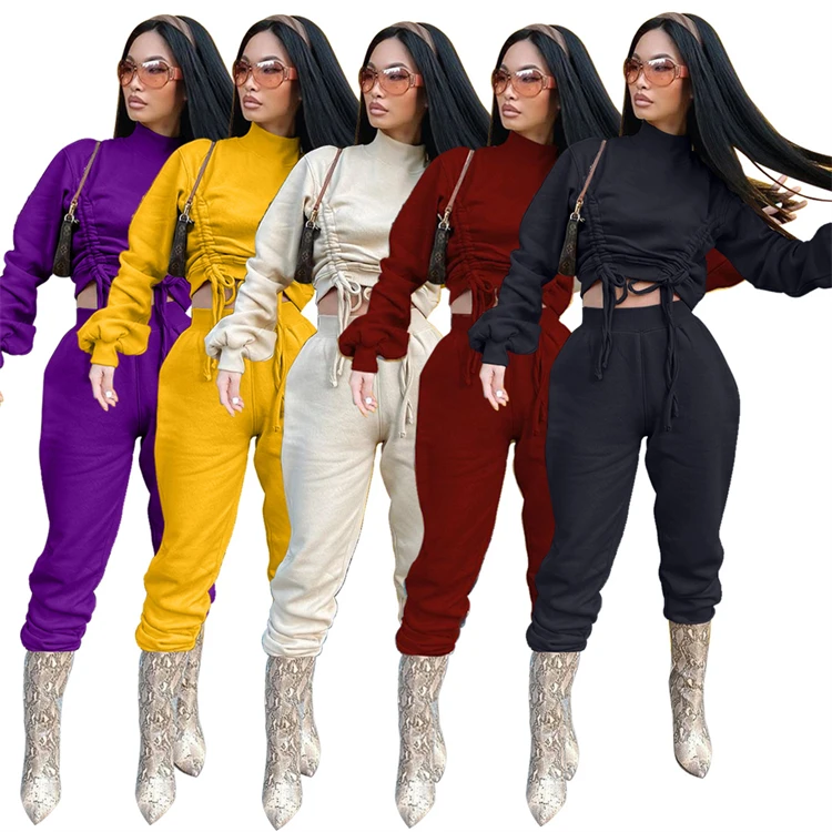 

New Arrival Soild Long-Sleeved Drawstring Ladies Sports Two Piece Pants Set Sweatshirt Women Tracksuits