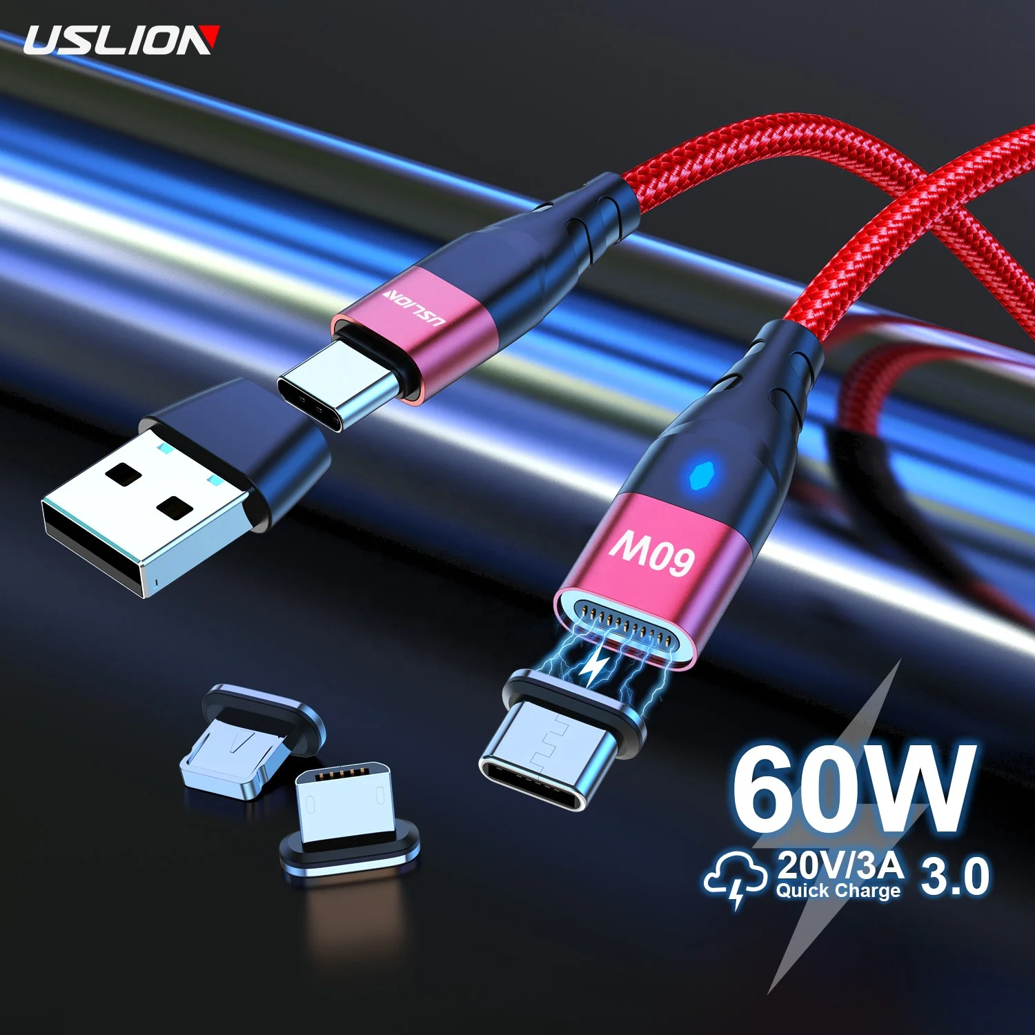 

USLION 1M 2M 6 IN 1 USB Type C PD 60W Magnetic Cable Charger Mobile Phone 3 IN 1 Micro USB Data Cables for Honor 60 One Plus, Black blue purple red (oem color contact seller)