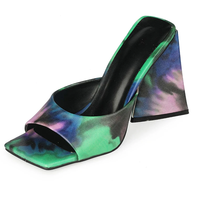 

Sandals Summer Woman Thick High Heels Print Slippers One Step Party Nightclub Slippers Flip Flops