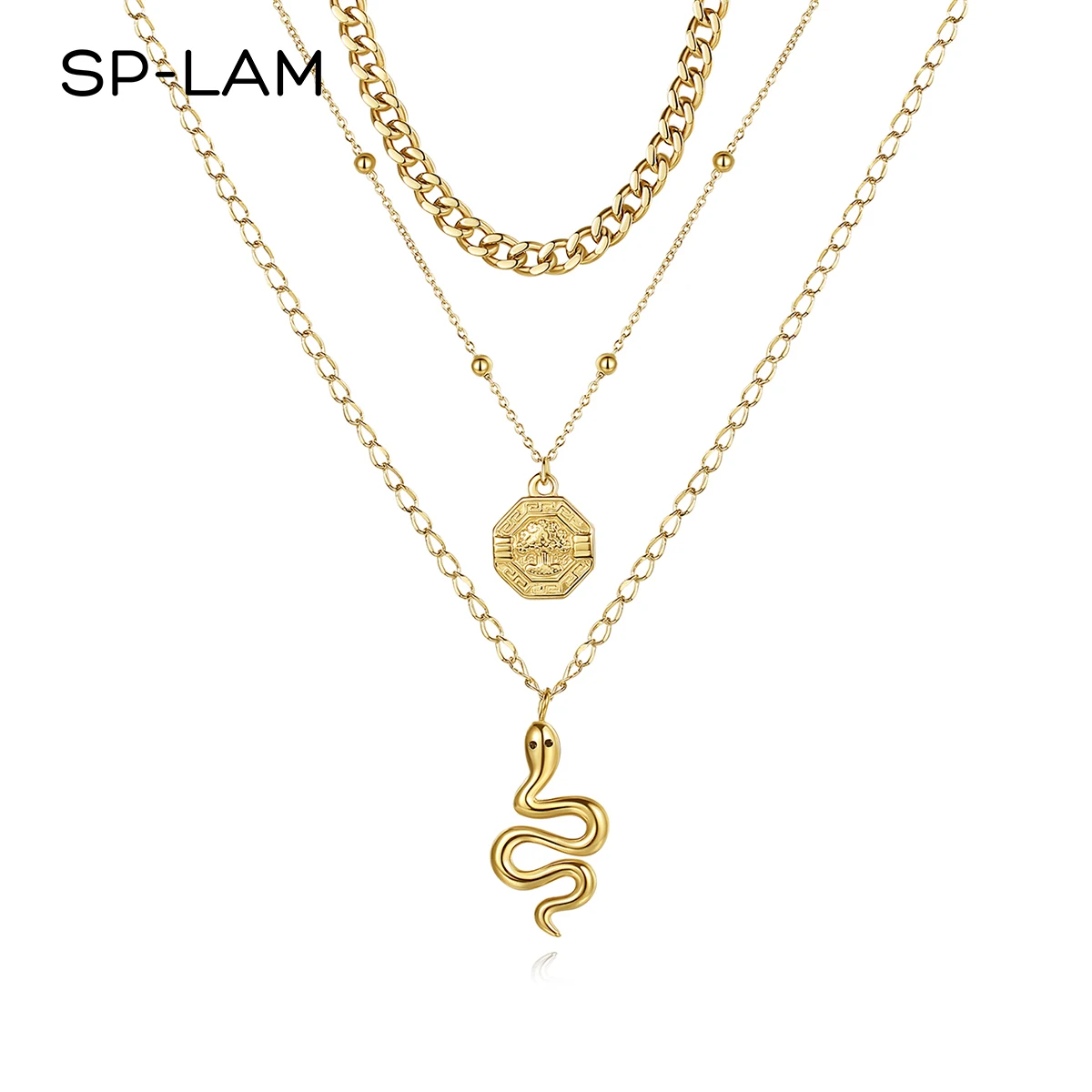 

SP-LAM Dainty 18K Gold Plated Layered Woman Long 3 Multi-Layer Wholesale Cuban Link Chain Snake Necklace