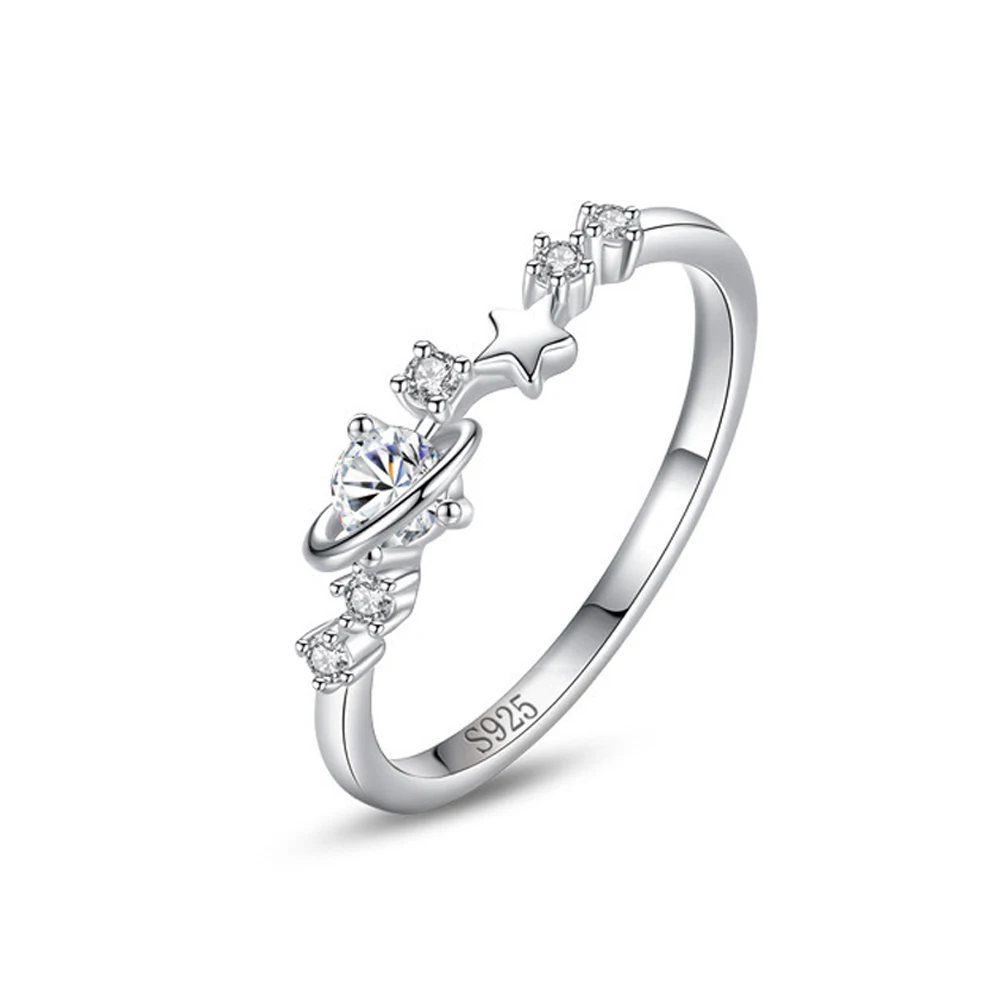 Hot Sale Delicate Ring 100% 925 Sterling Silver Zircon Inlaid Cute Design Star Earth Finger Rings for Women Engagement Jewelry