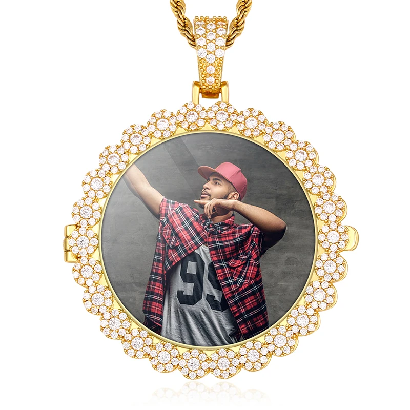 

Drop Shipping Custom Round Shape Hip Hop Charms Jewelry Gold Filled Necklace Crystal Cuban Chain Picture Pendent, Gold&silver&rose gold