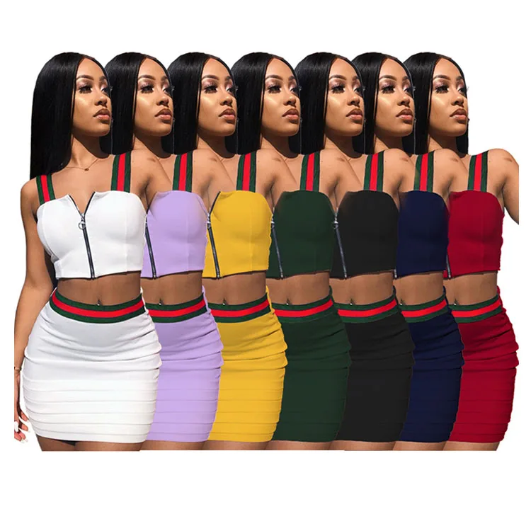 

GL6010 Stitching Sling Club Dress Sexy Skirt Sets Women 2 Piece Outfits Mini Skirt