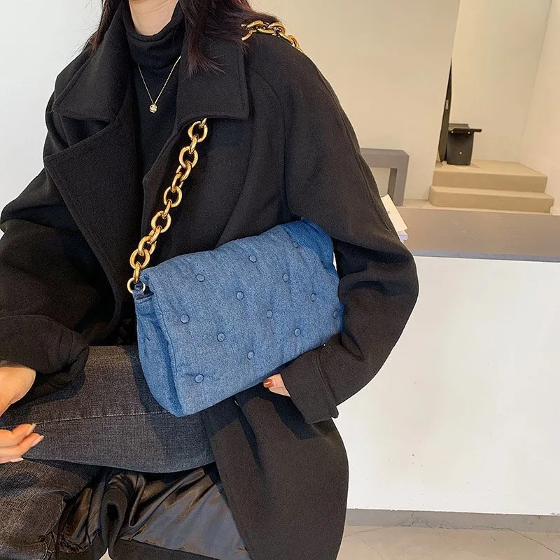 

fashion handbags summer 2021 Denim Quality Thick Metal Chain Shoulder Purses And Handbag Women Clutch Bags Ladies Hobo Bag, 2 colors