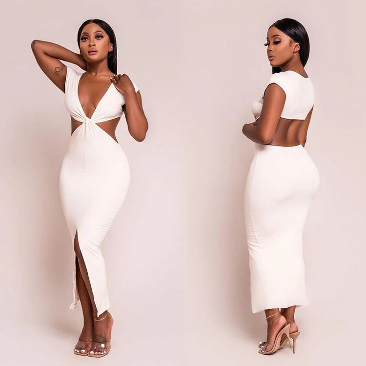 

Latest Fashion Rib Knit Front High Slit Solid Club Back Open Midi All White Dresses Women Lady Elegant